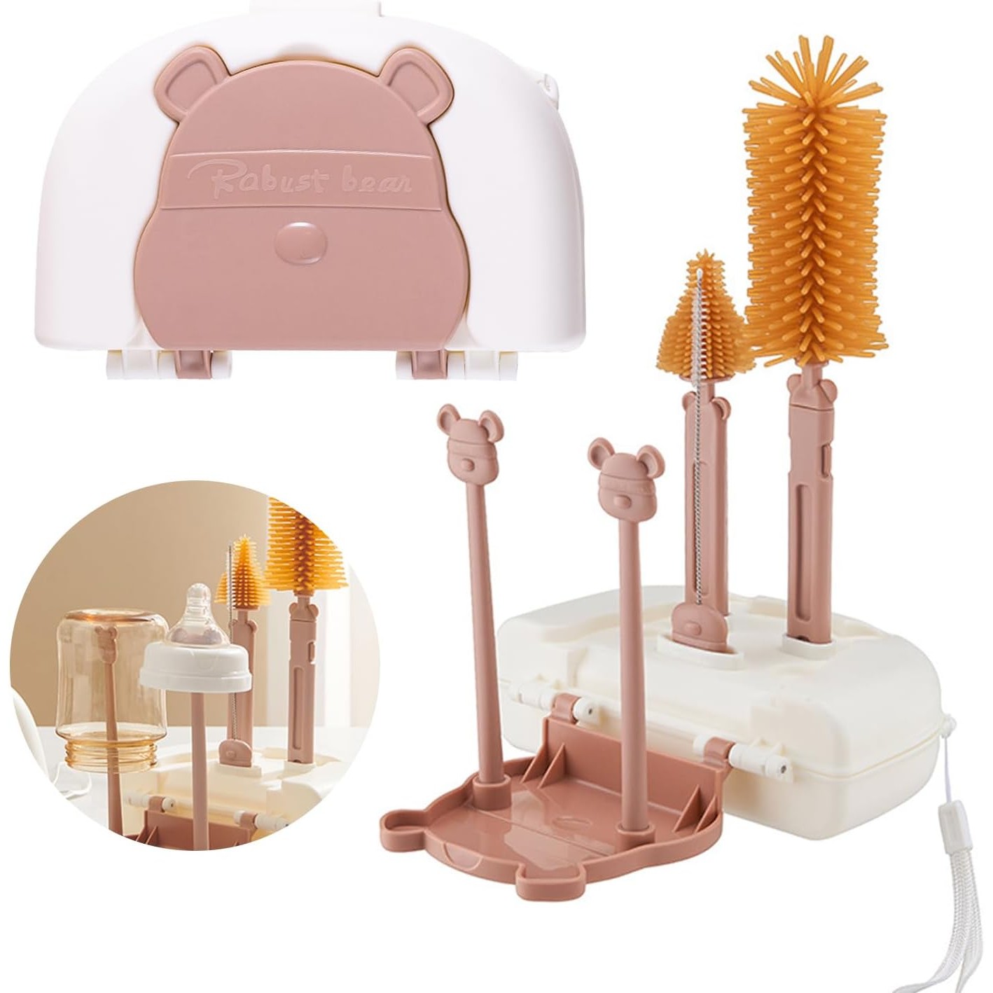 Articole pentru Copii - Set 7 Piese de Spalat/Uscat Biberoane, Portabil, Peri de Silicon, pentru Tetine, Suzete, Biberoane, Paie, Cutie Inclusa, 16 x 11 x 5 cm, Model Ursulet, Maro