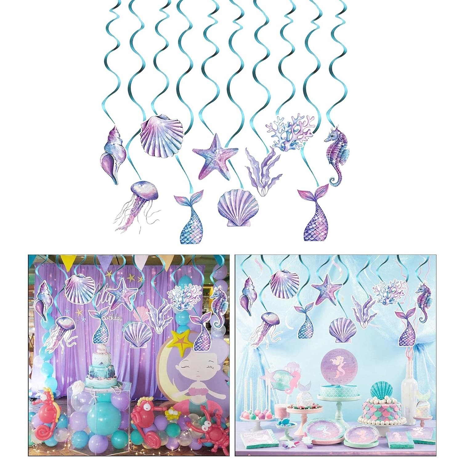 Set 8 Decoratiuni pentru Petrecere Sirena, Colectia Mermaid, Panglici Incluse, Multicolor [2]