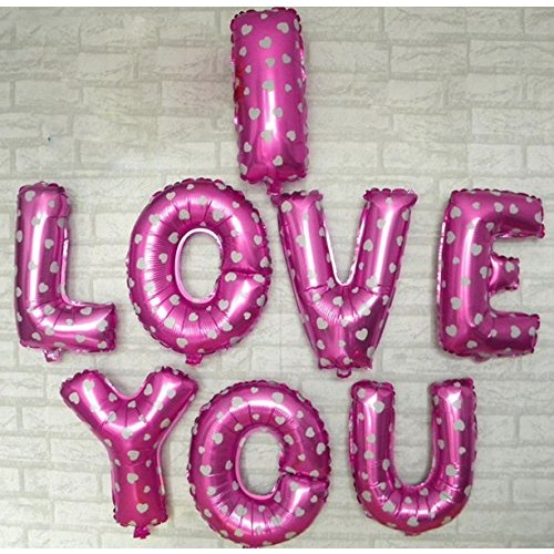 Set 8 Baloane din Folie Metalizata, Figurine Litere, Model I Love You, Tema Ziua Indragostitilor, 40 cm, Ambalaj Individual, Pai Inclus, Umflare cu Aer sau Heliu, Roz cu Inimioare Albe [1]