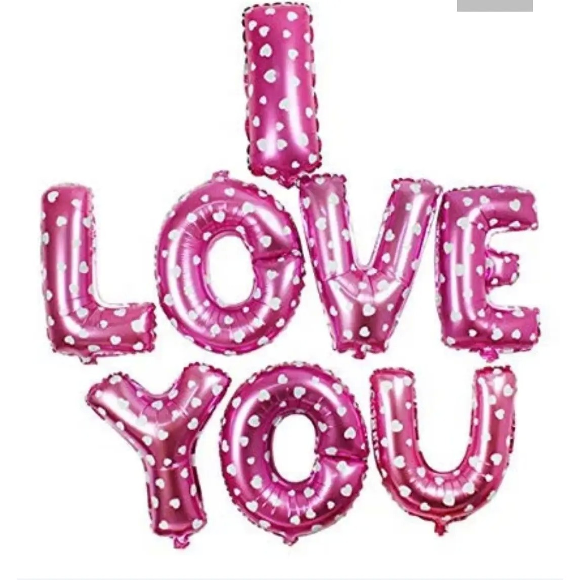 Set 8 Baloane din Folie Metalizata, Figurine Litere, Model I Love You, Tema Ziua Indragostitilor, 40 cm, Ambalaj Individual, Pai Inclus, Umflare cu Aer sau Heliu, Roz cu Inimioare Albe [2]