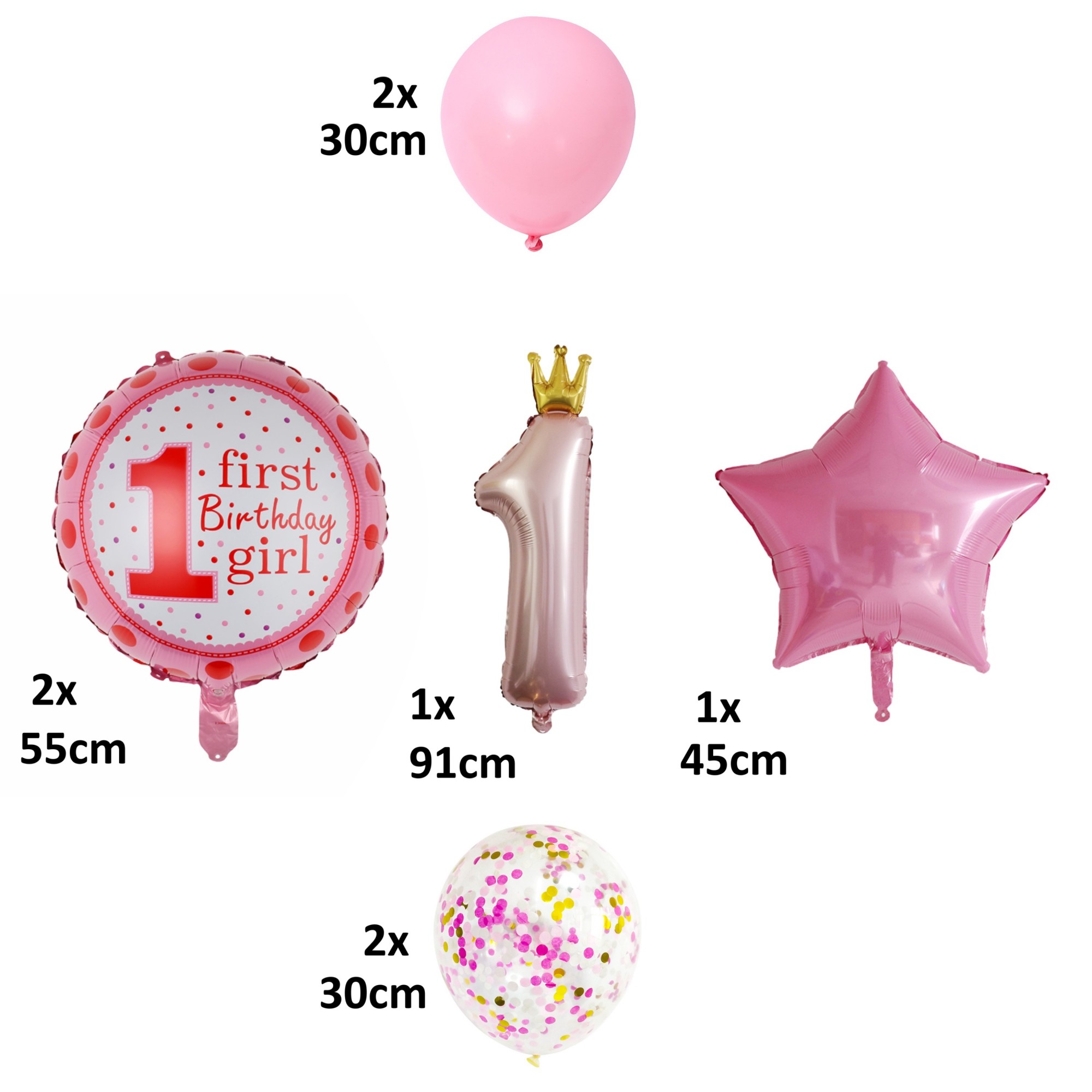 Set 8 Baloane din Folie Metalizat? si din Latex, Figurine Cifra 1 Printesa 91cm, Stea 45 cm si Cerc 55 cm, Baloane Latex 30 cm, Tema Prima Aniversare, Ambalaj Individual, Pai Inclus, Umflare cu Aer sau Heliu, Roz [2]