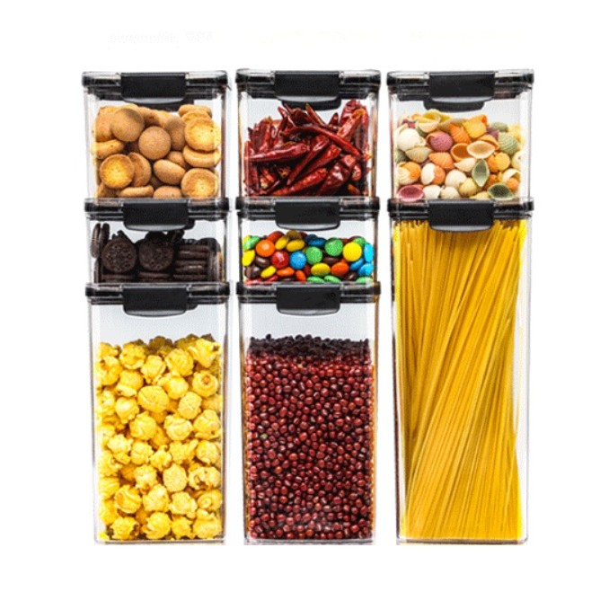 Organizatoare si Depozitare Bucatarie - Set 8 Recipiente din Plastic, pentru Alimente/Obiecte, Inchidere Ermetica, 2 x 460 ml, 3 x 700 ml, 2 x 1300 ml, 1 x 1800 ml, Transparent