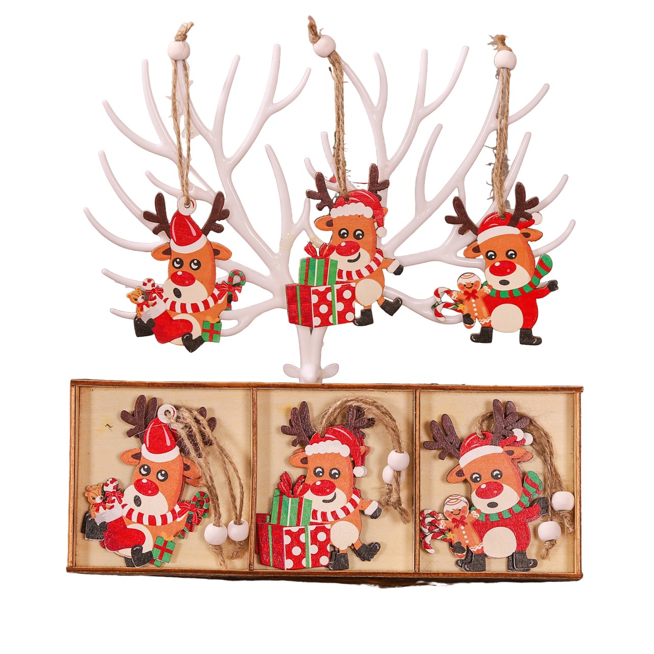 Decoratiuni Brad - Set 9 Decoratiuni de Craciun din Lemn, cu Snur pentru Agatare in Brad, Model Reni, 3 Modele, Diferite Dimensiuni, Multicolor