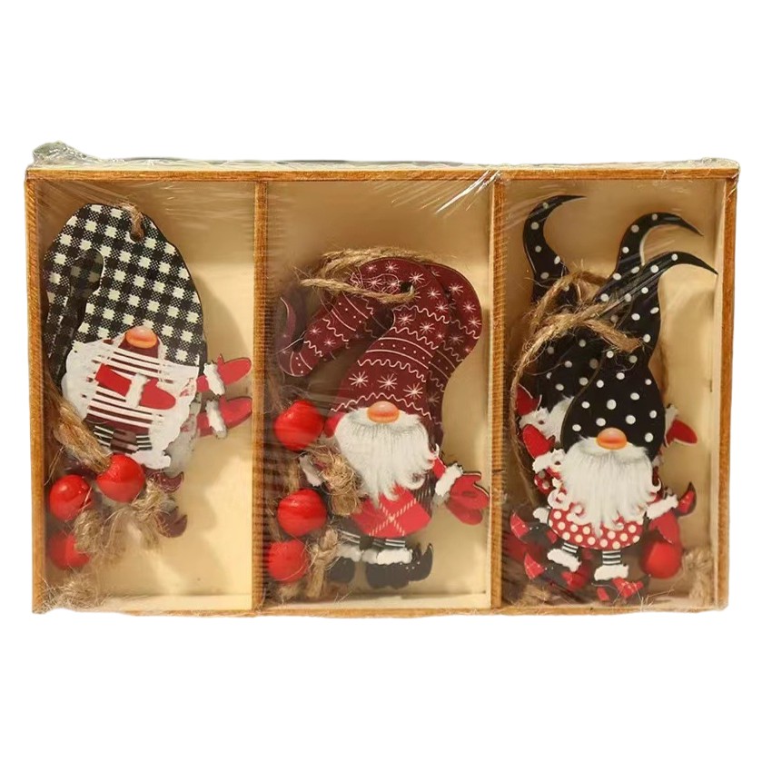 Decoratiuni Brad - Set 9 Decoratiuni de Craciun din Lemn, cu Snur pentru Agatare in Brad, Model Mos Craciun Diferite Dimensiuni, 3 Modele, Multicolor