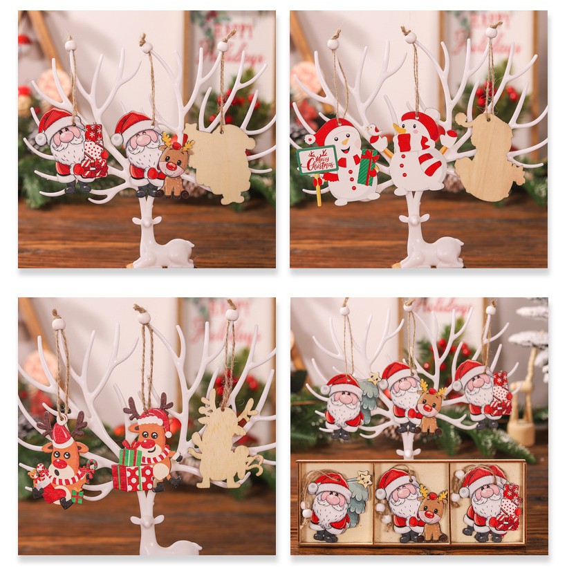 Set 9 Decoratiuni de Craciun din Lemn, cu Snur pentru Agatare in Brad, 3 Modele, Model Mos Craciun cu Brad, Ren si Cadouri, Diferite Dimensiuni, Multicolor [3]