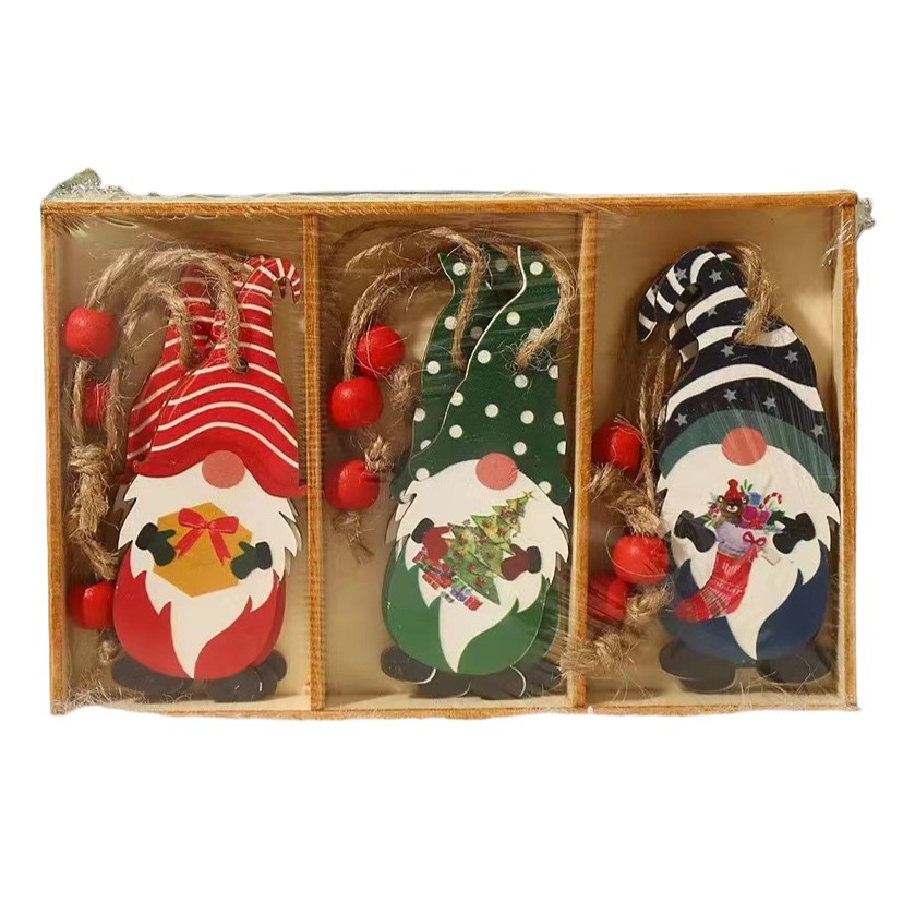 Decoratiuni Brad - Set 9 Decoratiuni de Craciun din Lemn, cu Snur pentru Agatare in Brad, 3 Modele Mos Craciun Diferite Dimensiuni, Multicolor