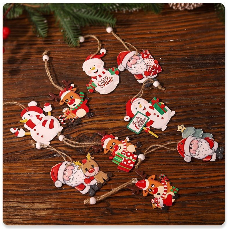Set 9 Decoratiuni de Craciun din Lemn, cu Snur pentru Agatare in Brad, 3 Modele, Model Mos Craciun cu Brad, Ren si Cadouri, Diferite Dimensiuni, Multicolor [1]