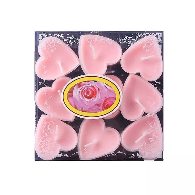 Lumanari - Set 9 Lumanari in Forma de Inima, pentru Ziua Indragostitilor, Aroma de Trandafiri, Ardere 3.5 h, din Parafina, 4 x 2 cm, Roz