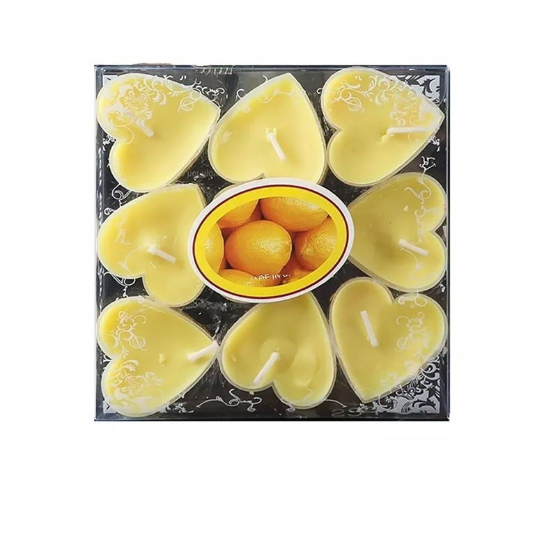 Lumanari - Set 9 Lumanari in Forma de Inima, pentru Ziua Indragostitilor, Aroma de Citrice, Ardere 3.5 h, din Parafina, 4 x 2 cm, Galben