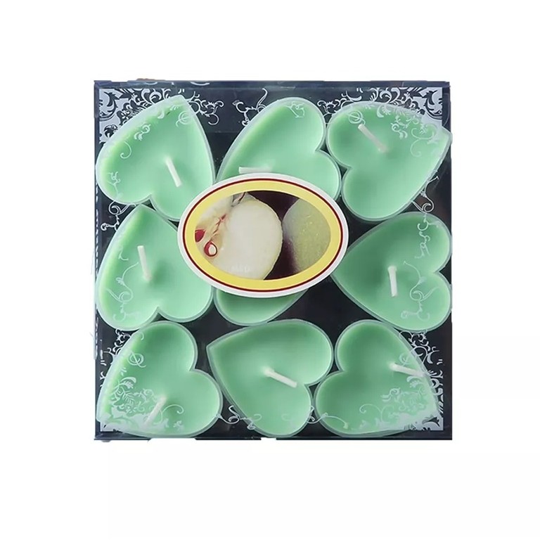 Lumanari - Set 9 Lumanari in Forma de Inima, pentru Ziua Indragostitilor, Aroma de Mar, Ardere 3.5 h, din Parafina, 4 x 2 cm, Verde