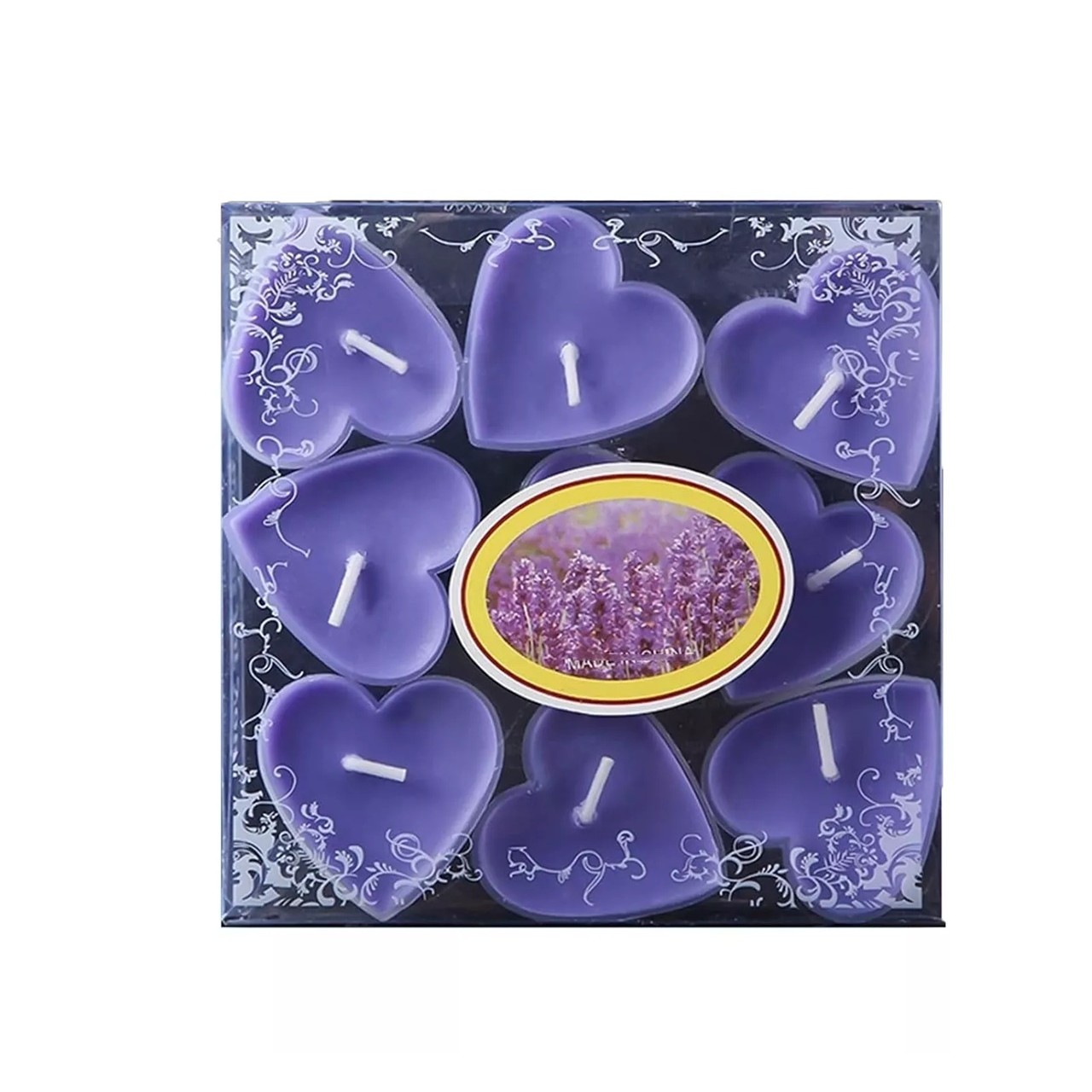 Lumanari - Set 9 Lumanari in Forma de Inima, pentru Ziua Indragostitilor, Aroma de Lavanda, Ardere 3.5 h, din Parafina, 4 x 2 cm, Mov