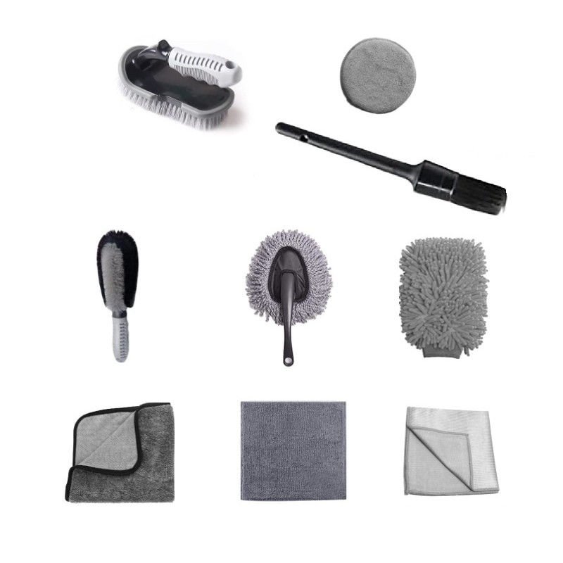 Accesorii Auto - Set 9 Piese pentru Spalat Auto, din Plastic si Microfibra, Perii si Lavete, Model B, Gri
