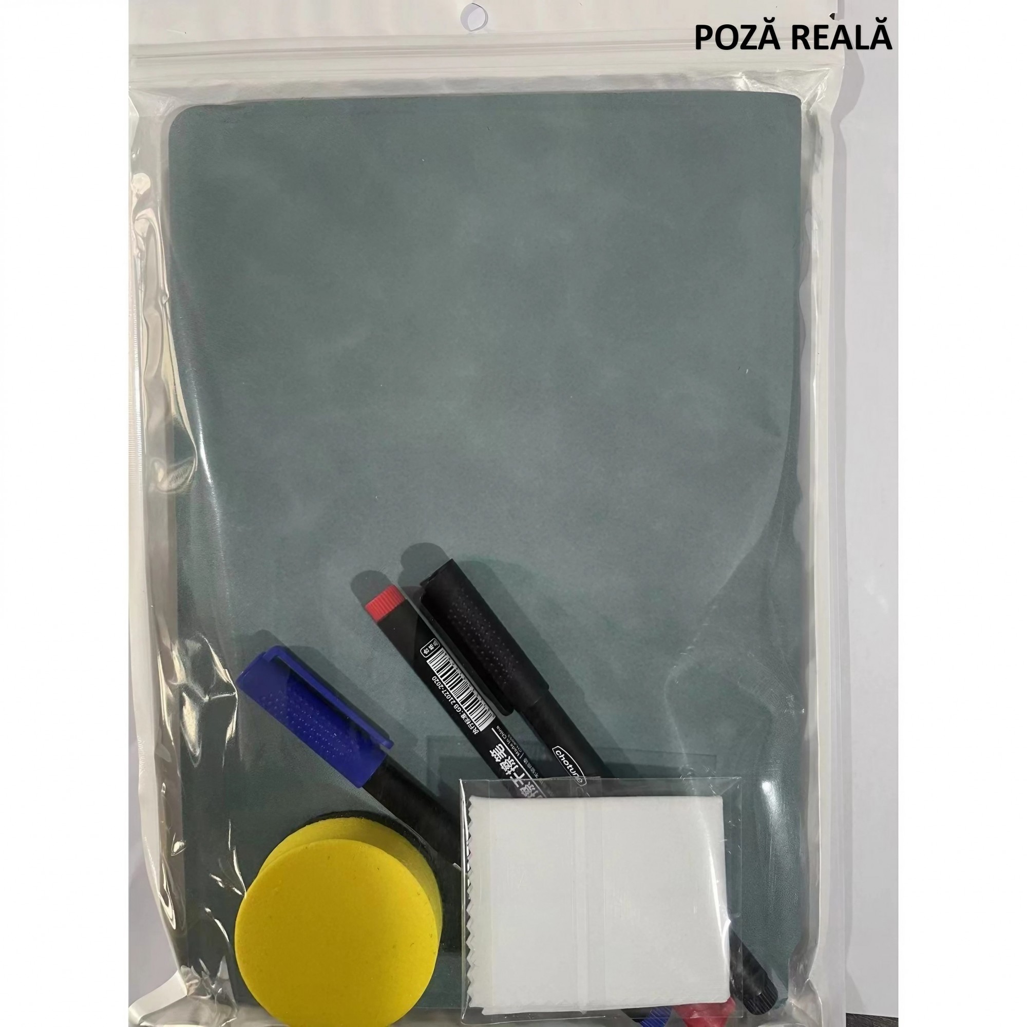 Set Agenda A5 Reutilizabila cu Pagini Tip Tabla, Agenda Pagini Albe cu Stergere Uscata, 3 Markere, 1 Burete ?i 1 Laveta de sters, Portabila, 24 x 16.5 cm, Coperta Piele, Verde [5]