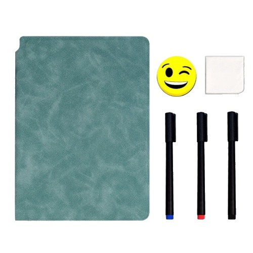 Accesorii Birou si Consumabile - Set Agenda A5 Reutilizabila cu Pagini Tip Tabla, Agenda Pagini Albe cu Stergere Uscata, 3 Markere, 1 Burete ?i 1 Laveta de sters, Portabila, 24 x 16.5 cm, Coperta Piele, Verde