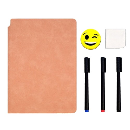 Accesorii Birou si Consumabile - Set Agenda A5 Reutilizabila cu Pagini Tip Tabla, Agenda Pagini Albe cu Stergere Uscata, 3 Markere, 1 Burete ?i 1 Laveta de sters, Portabila, 24 x 16.5 cm, Coperta Piele, Roz Pal
