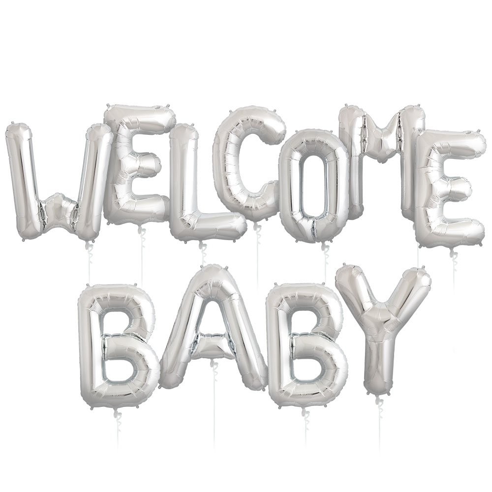 Set Baloane din Folie Metalizata, Figurine Litere, Model Welcome Baby, Tema Aniversare, 40 cm, Ambalaj Individual, Pai inclus, Umflare cu Aer sau Heliu, Alb [4]