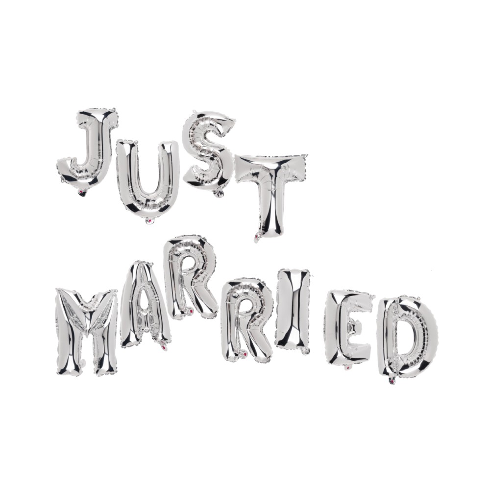 Set Baloane din Folie Metalizata, Figurine Litere, Model Just Married, Tema Nunta, 40 cm, Baloane Party, Ambalaj Individual, Pai inclus, Umflare cu Aer sau Heliu, Argintiu [2]