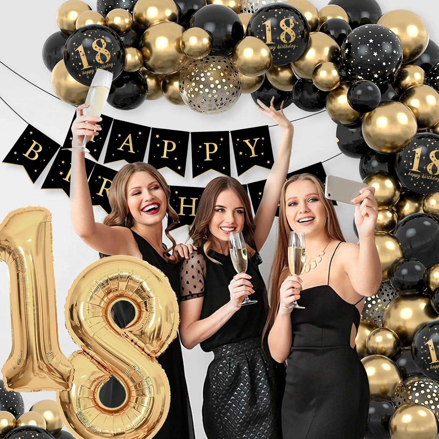 Set Baloane Folie si Latex, Tematica Aniversare Majorat, Baloane Latex, Figurine Cifrele 1 si 8, Ambalaj Individual, Pai Inclus, Umflare cu Aer sau Heliu, Auriu Negru [1]