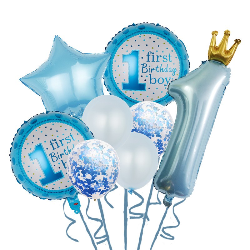 Tematica Fata/Baiat - Set 8 Baloane din Folie Metalizat? si din Latex, Figurine Cifra 1 Printesa 91cm, Stea 45 cm si Cerc 55 cm, Baloane Latex 30 cm, Tema Prima Aniversare, Ambalaj Individual, Pai Inclus, Umflare cu Aer sau Heliu, Albastru