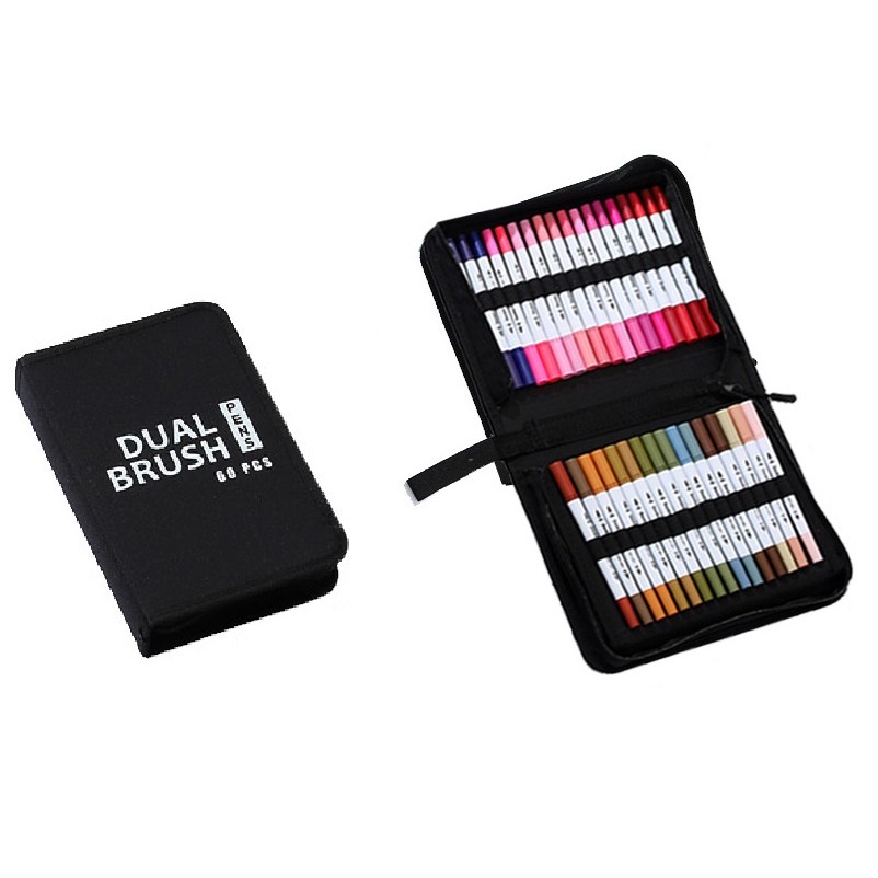 Markere si Set Desen - Set Carioci pe Baza de Apa, 2 in 1, pentru Pictura, Caligrafie, 60 Culori, Penar Negru, Corp Carioca Alb, 26.5 x 17.5 x 4.5 cm, Multicolor