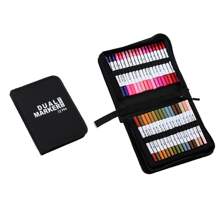 Markere si Set Desen - Set Carioci pe Baza de Apa, 2 in 1, pentru Pictura, Caligrafie, 72 Culori, Penar Negru, Corp Carioca Alb, 24.5 x 18.5 x 5 cm, Multicolor