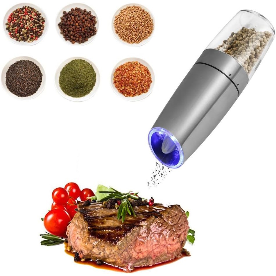 Set de 2 Rasnite electrice de Sare si Piper, cu Camere Depozitare Transparente, Macinare, Functionare pe Baterii, cu Lumina, ABS, 20x6.5 cm, Argintiu/Transparent [7]