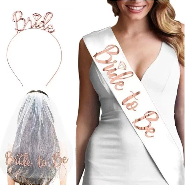 Set de Accesorii pentru Mireasa, Coronita, Panglica, Stickere, Voal, Model Bride To Be, Tematica Nunta, Alb-Roz [5]