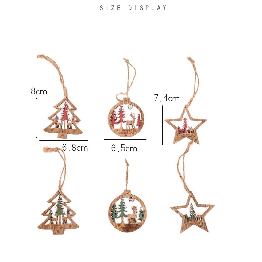 Set 6 Decoratiuni de Craciun din Lemn, cu Snur pentru Agatare in Brad, Model Brad, Glob si Steluta, Rosu [1]