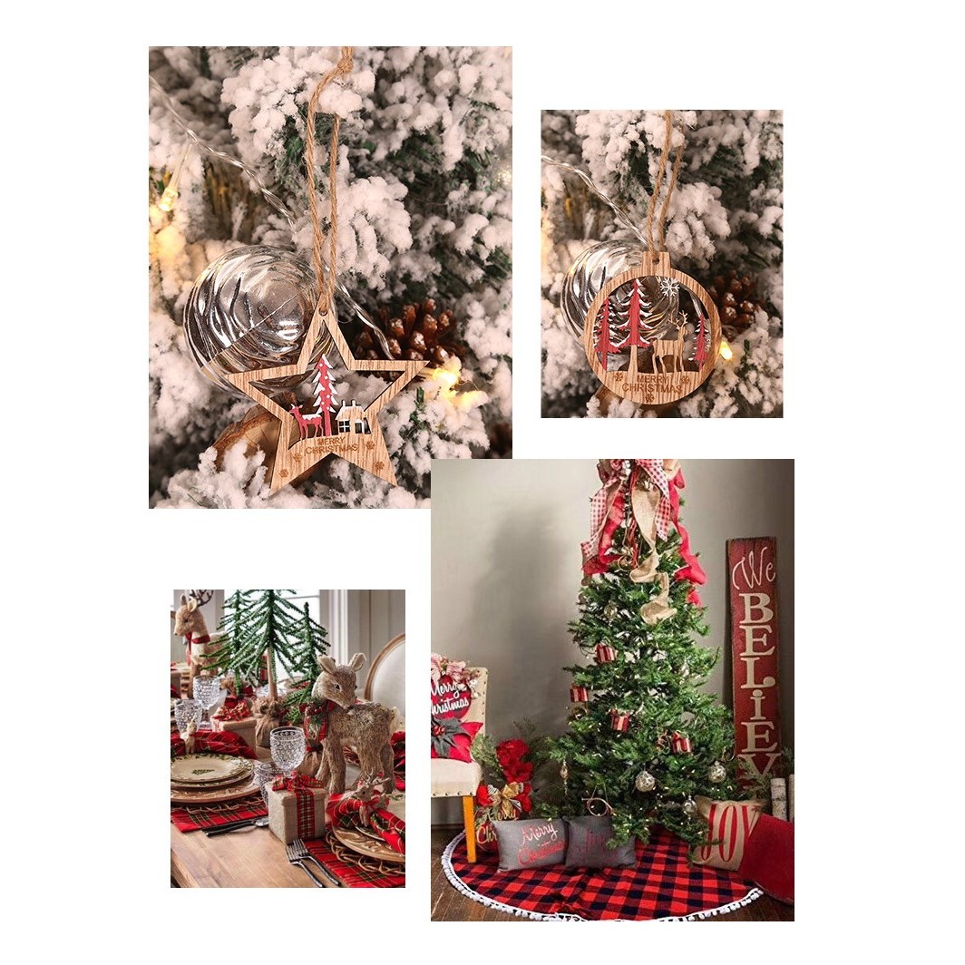 Set 6 Decoratiuni de Craciun din Lemn, cu Snur pentru Agatare in Brad, Model Brad, Glob si Steluta, Rosu [2]