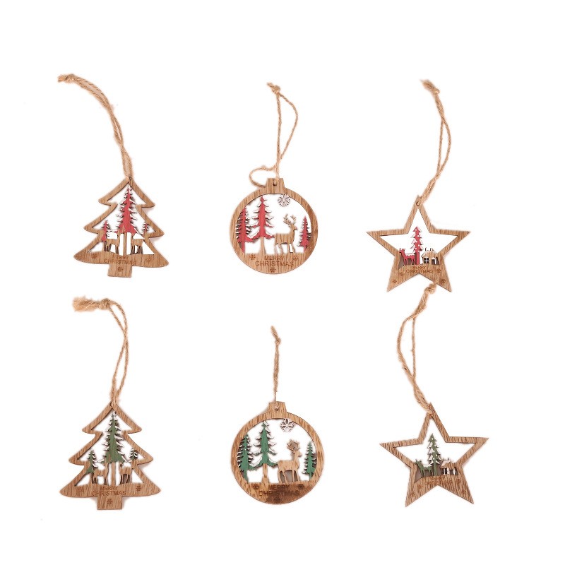 Set 6 Decoratiuni de Craciun din Lemn, cu Snur pentru Agatare in Brad, Model Brad, Glob si Steluta, Rosu [3]