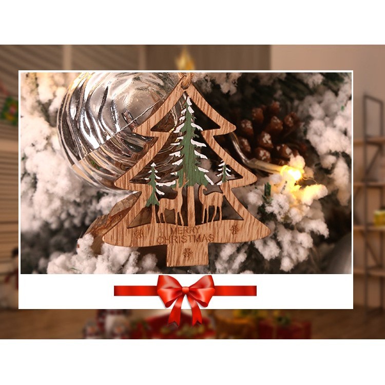 Set 6 Decoratiuni de Craciun din Lemn, cu Snur pentru Agatare in Brad, Model Brad, Glob si Steluta, Verde [2]