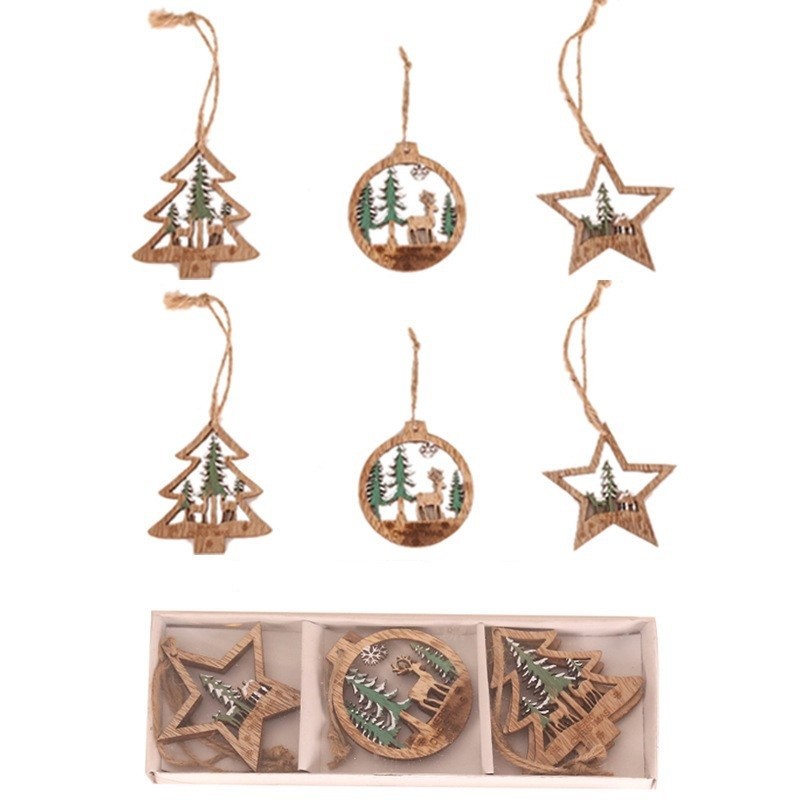 Decoratiuni Brad - Set 6 Decoratiuni de Craciun din Lemn, cu Snur pentru Agatare in Brad, Model Brad, Glob si Steluta, Verde