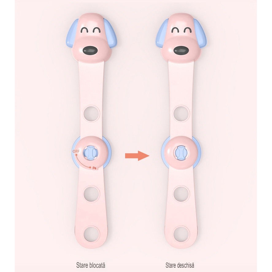 Siguranta pentru Usi Copii, Sistem de Blocare Sertare, Dulap, Frigider, Adeziv, cu Sistem de Inchidere Dublu, Model Catelus, Roz [4]