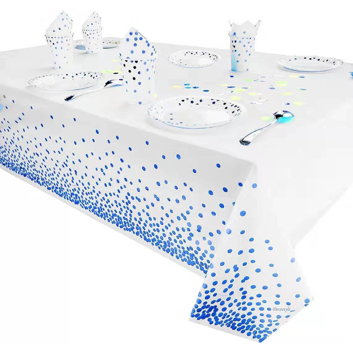 Fete Masa si Perdele Franjurate - Fata de Masa, din PEVA, Imprimeu Buline, 137 x 274 cm, Impermeabila, Fara Pete, Curatare Rapida, Albastru