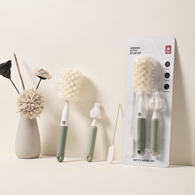 Set 3 Perii de Spalat Biberoane, pentru Tetina, Biberon, Pai, Materiale Sigure, fara BPA, Curatare 360°, Verde [1]