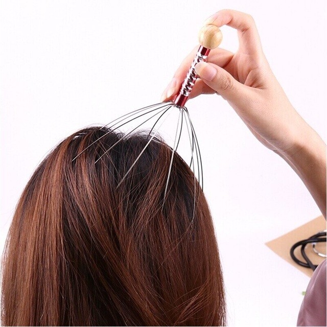 Dispozitiv Masaj Capilar, Tip Caracatita, 12 Brate din Otel Inoxidabil, Maner din Lemn, Stimulare Circulatie Sanguina, Accelerarea Cresterii Parului, Anti-Stres, Multicolor [2]