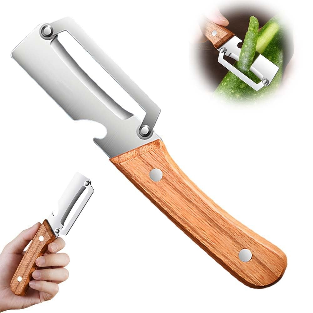 Curatator de Fructe/Legume, 2in1, Desfacator de Sticle, Multifunctional, Maner de Lemn, Maro [2]