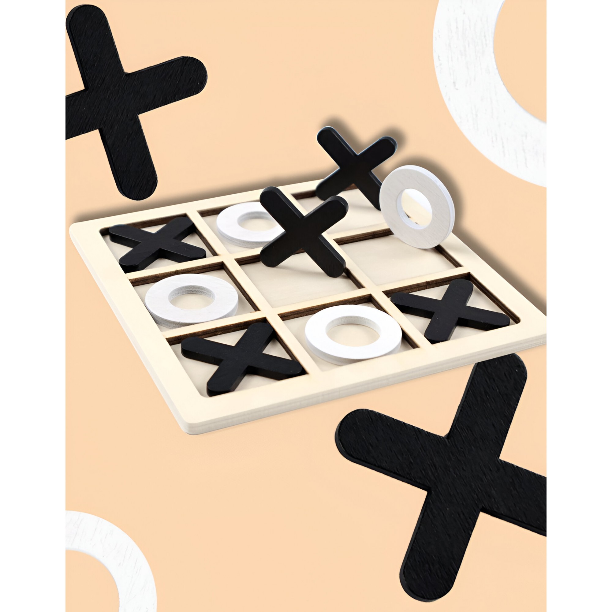 Jucarie Montessori Tic Tac Toe, Educativa, Interactiva, din lemn, X si O, 9 Piese, 14.3x14.3 cm, Negru Alb [5]