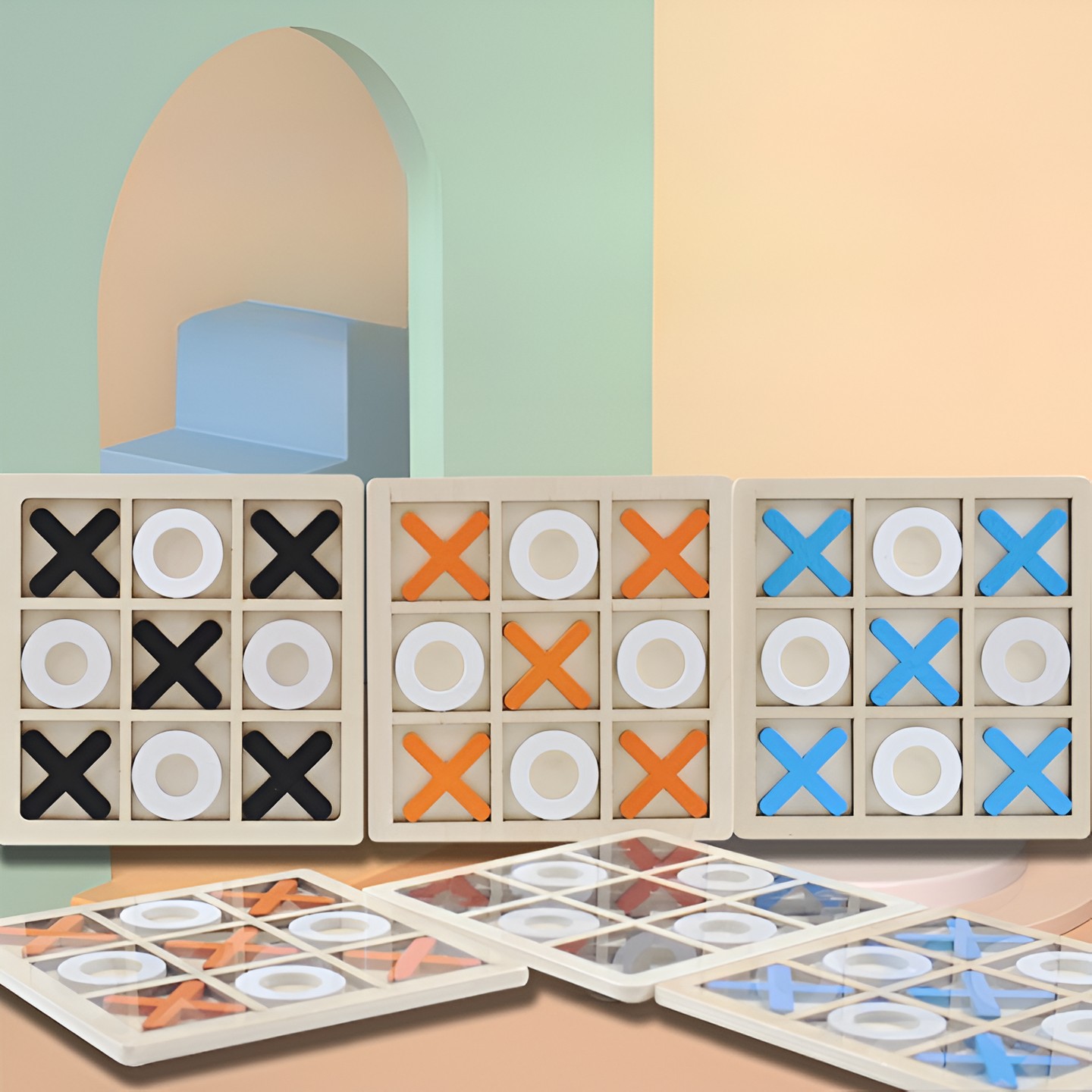 Jucarie Montessori Tic Tac Toe, Educativa, Interactiva, din lemn, X si O, 9 Piese, 14.3x14.3 cm, Portocaliu Alb [3]