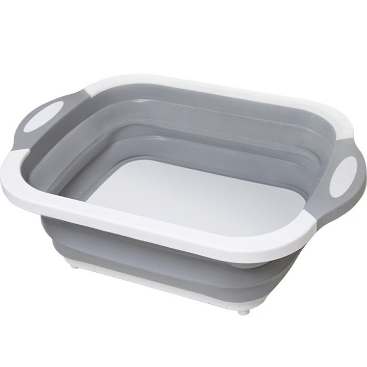 Articole pentru Bucatarie - Tocator Multifunctional, 2 in 1, cu Cos pentru Spalat si Scurgere Alimente, 480 g, Pliabila, Gri