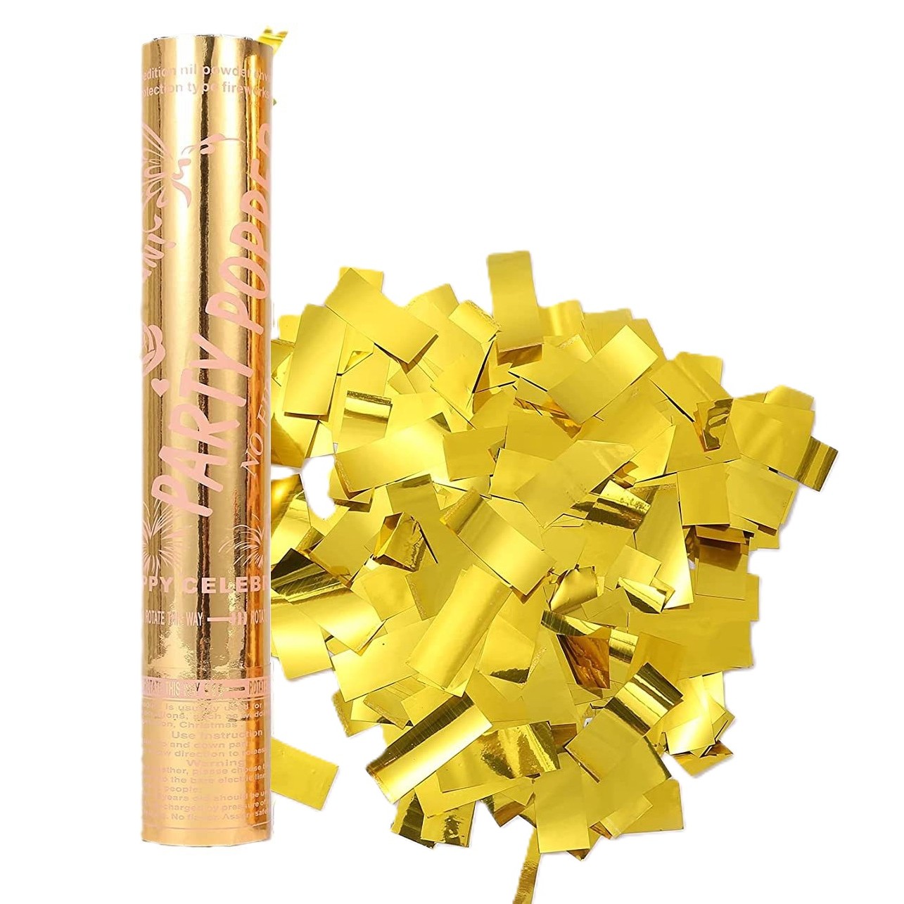 Confetti - Tub de Confetti, Party Popper, 30x5 cm, Confetii Lucioase Rezistente la Foc, Eliberare prin Rasucire, Auriu