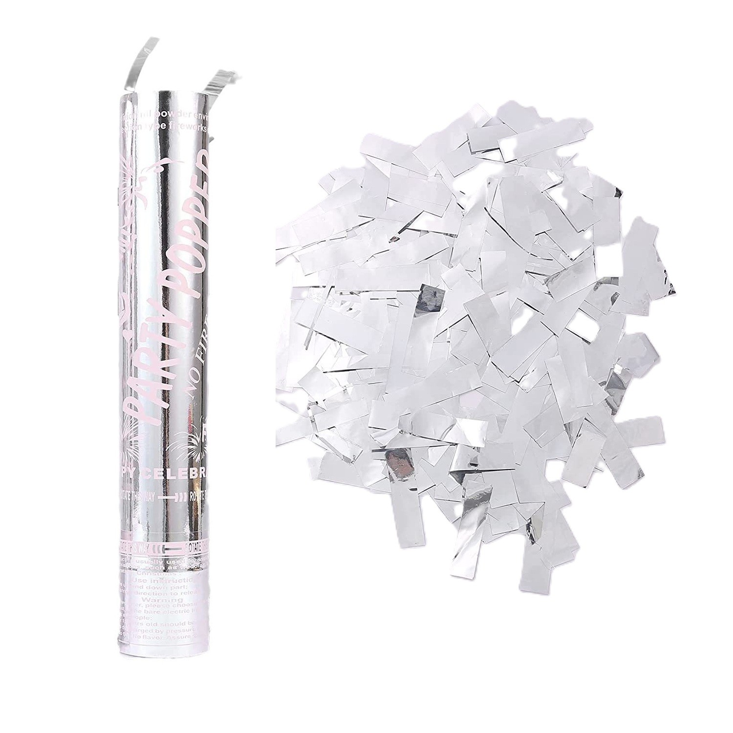 Confetti - Tub de Confetti, Party Popper, 30x5 cm, Confetii Lucioase Rezistente la Foc, Eliberare prin Rasucire, Argintiu