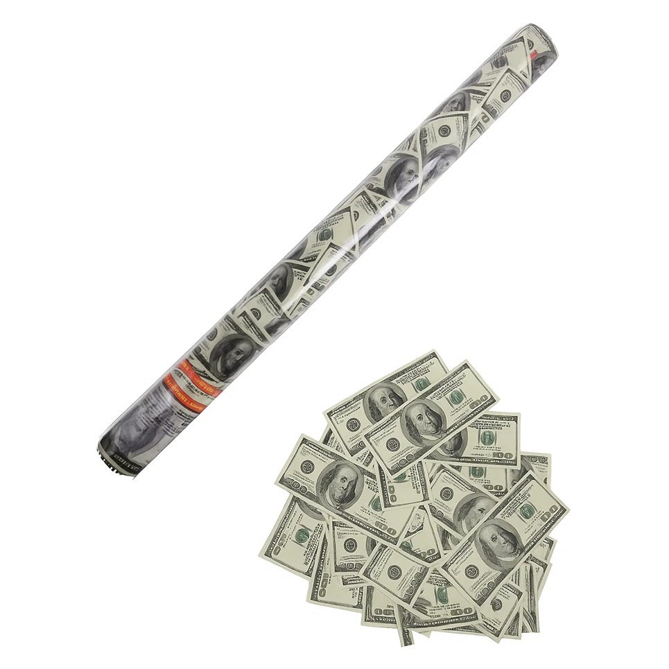 Articole Petrecere - Tub de Confetti, Money, 60x5 cm, Confetii Asortate Model Dolari, Eliberare prin Rasucire, Multicolor