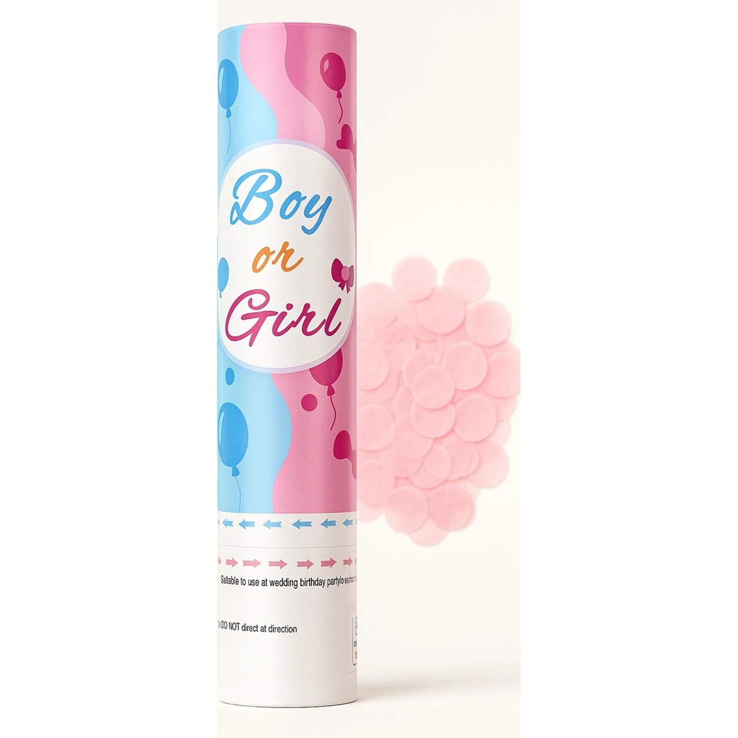 Confetti - Tun Confetti, Model Gender Reveal, Boy or Girl, 40 cm, Ambalaj din Carton, Eliberare prin Rasucire, Roz