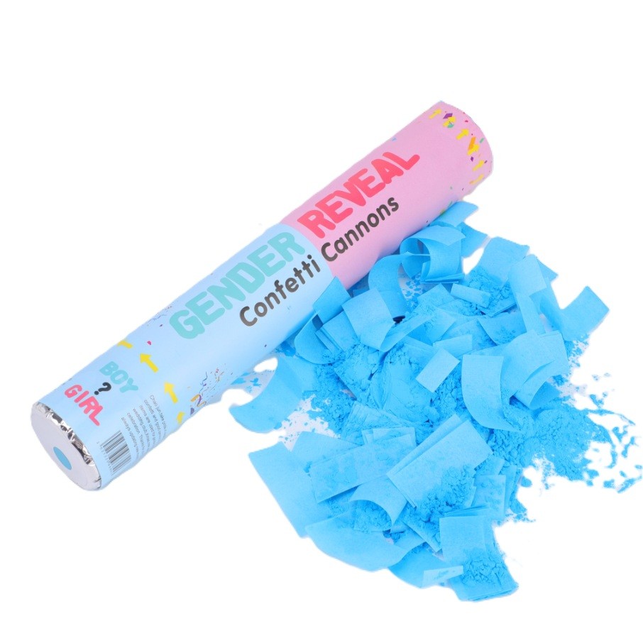 Articole Petrecere - Tun Confetti, Model Gender Reveal, Confetti Cannons, 40 cm, Ambalaj din Carton, Eliberare prin Rasucire, Albastru