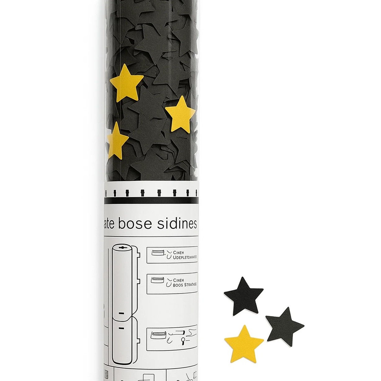 Tun de Confetti, 40 cm, Model Stelute din Folie si Hartie, Ambalaj PET, Negru [1]