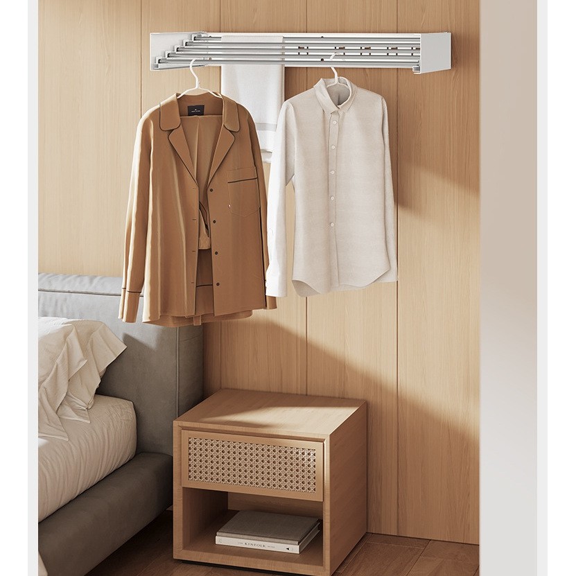 Suport Haine, Depozitare si Uscare Rufe, din Aluminiu, Pliabil, Impermeabil, Montare prin Perforare, 100 cm, Alb [1]