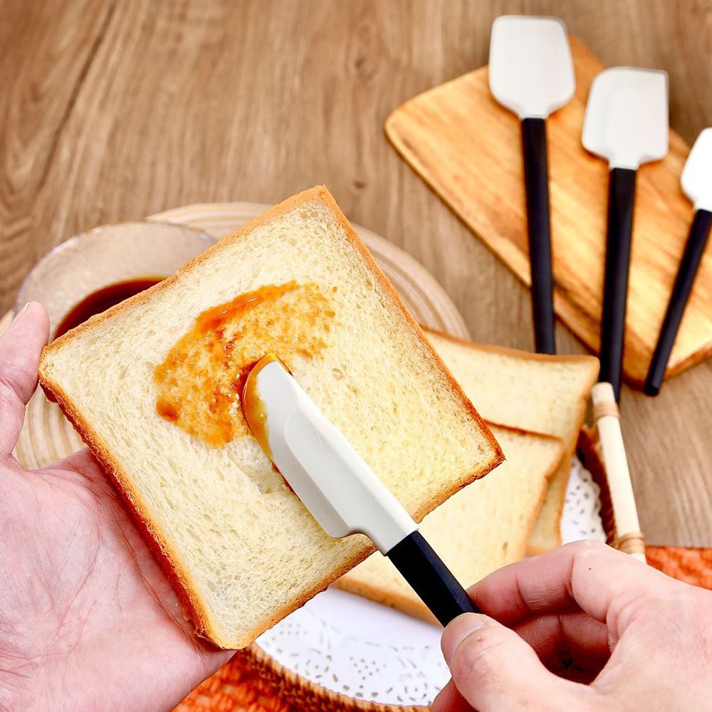 Ustensile de Bucatarie, Set din 4 bucati, din Silicon si Lemn, Spatule de Diferite Dimensiuni, Termo rezistente, Antiaderente, Instrument de Amestecat in Bucatarie, Alb-Negru [3]