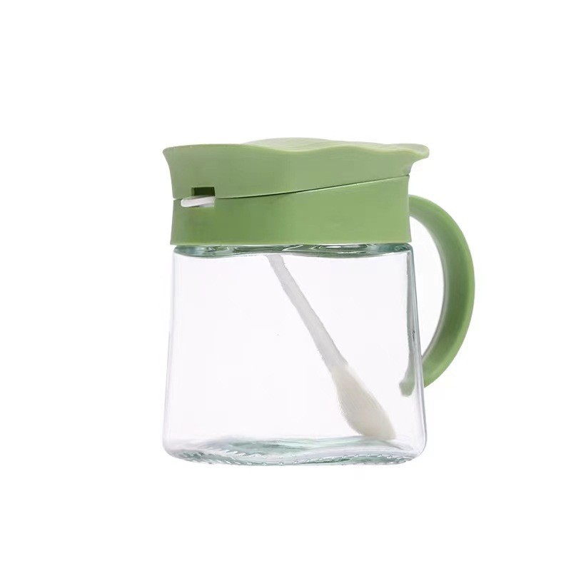 Organizatoare si Depozitare Bucatarie - Recipient Condimente, din Stilca, 180 ml, cu Maner si Lingurita, 11.3 x 8.2 cm, Capac Ondulat, Verde