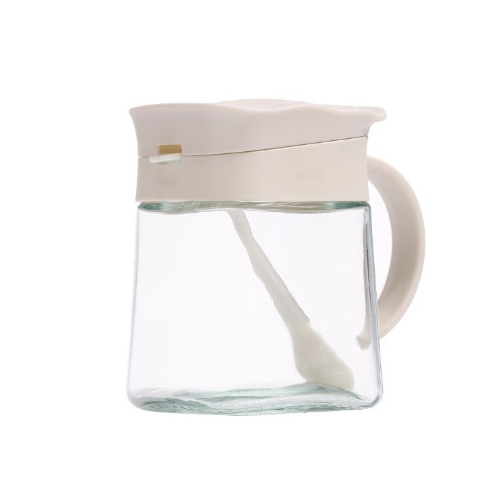 Organizatoare si Depozitare Bucatarie - Recipient Condimente, din Stilca, 180 ml, cu Maner si Lingurita, 11.3 x 8.2 cm, Capac Ondulat, Alb